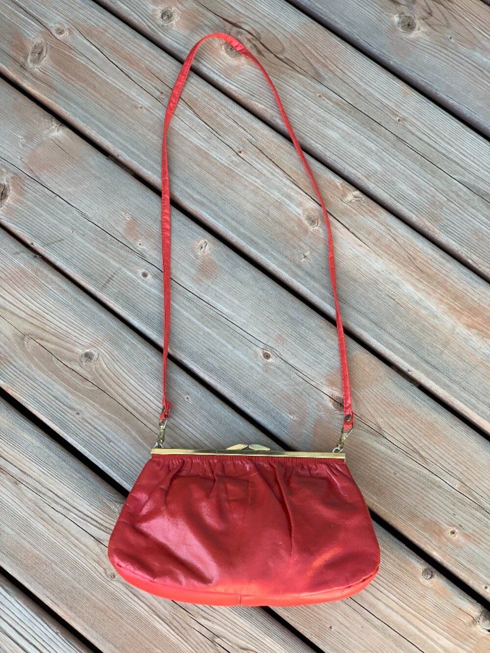 Vintage 80s Shoulder Handbag Clutch Purse Red Leather Gold Clasp Retro Crossbody